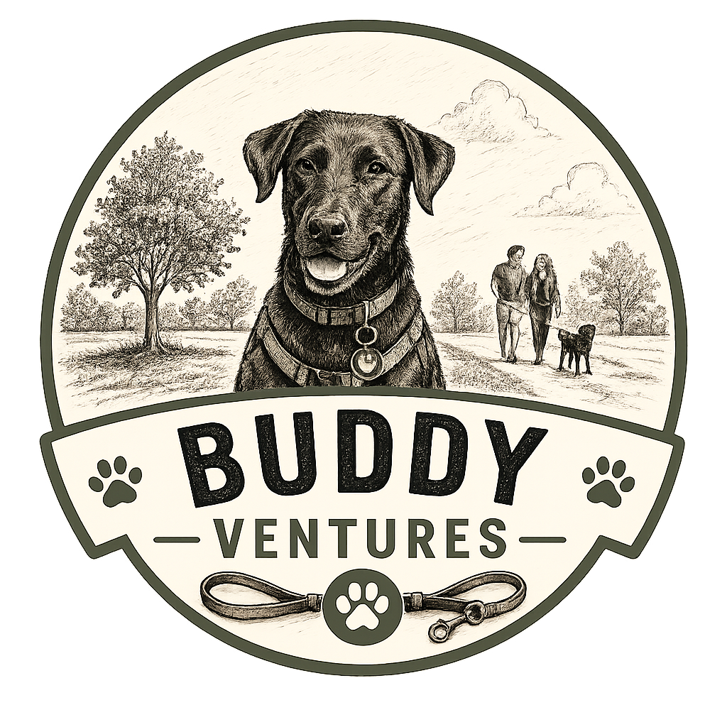 A logo for Buddy Ventures, featuring a dog and a leash.